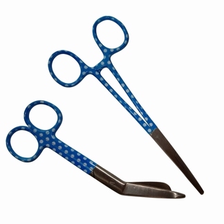 Verbandschaar en kocher blauw met witte stippen